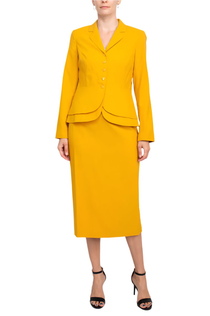 Emily Notched Collar 5 Button Closure Long Sleeve Tiered Hem Crepe Jacket with Zipper Back Slit Back Skirt-0
